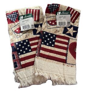 Leshner Vintage Kitchen Towels x2 Americana Flag Primitive Heart Farmhouse T10